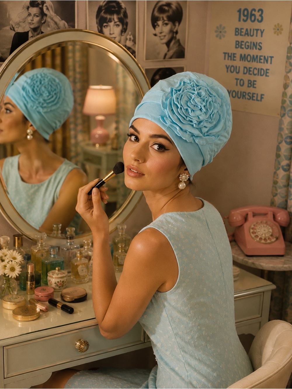 Vintage-Inspired Light Blue Floral Turban